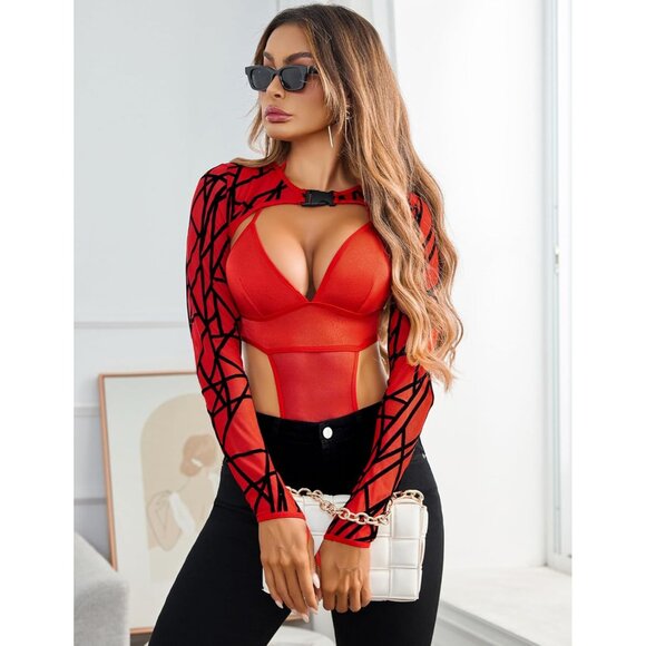 Women Red Festival Sexy Lingerie Bodysuit Buckle Shrug Crop Top Set Outfits - Picture 6 of 7